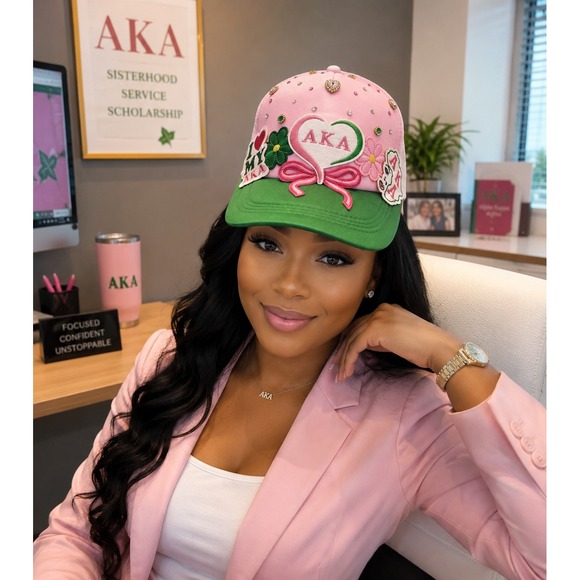 Alpha Kappa Alpha AKA Sorority Pink Green Rhinestone Embellished Trucker Hat Cap main image 7